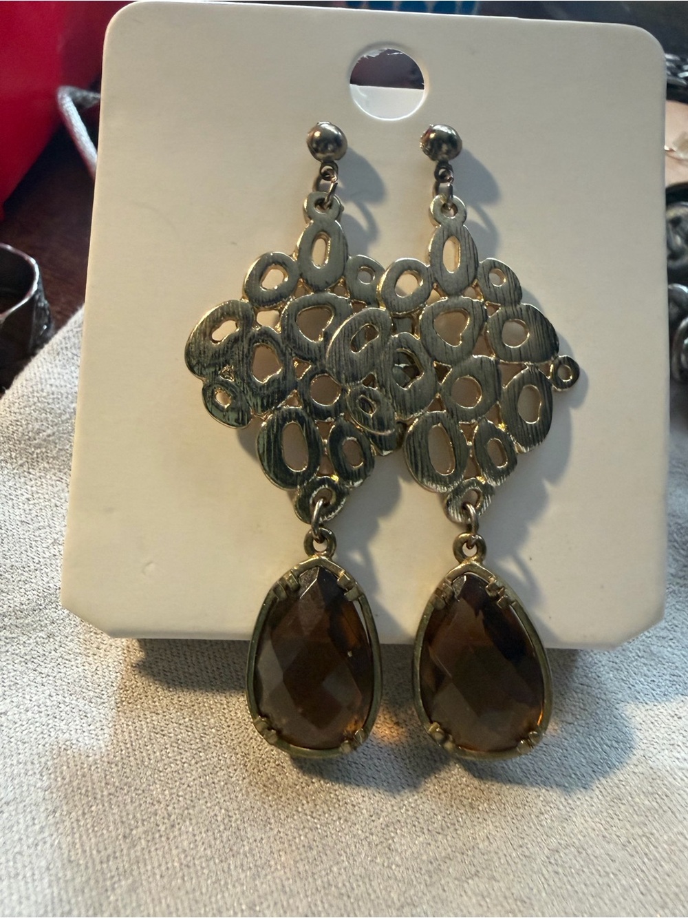 Dangling Teardrop Drop Earrings in Smoky Brown and Antiqued Gold